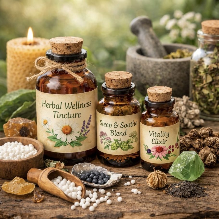 Pestle and mortar and some bottles of herbal tinctures on a table with crystals and a candle