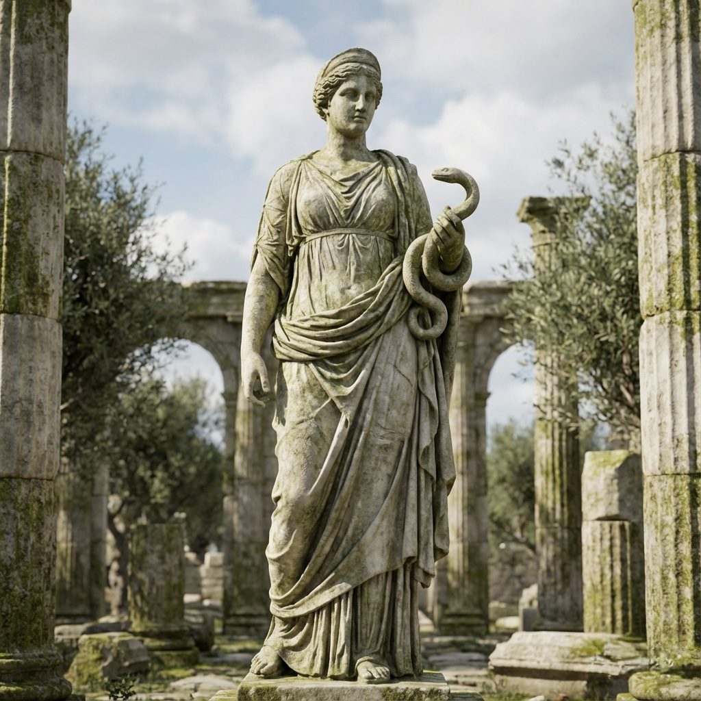 An AI generated image of a statue of the goddess Hygeia holding a serpent