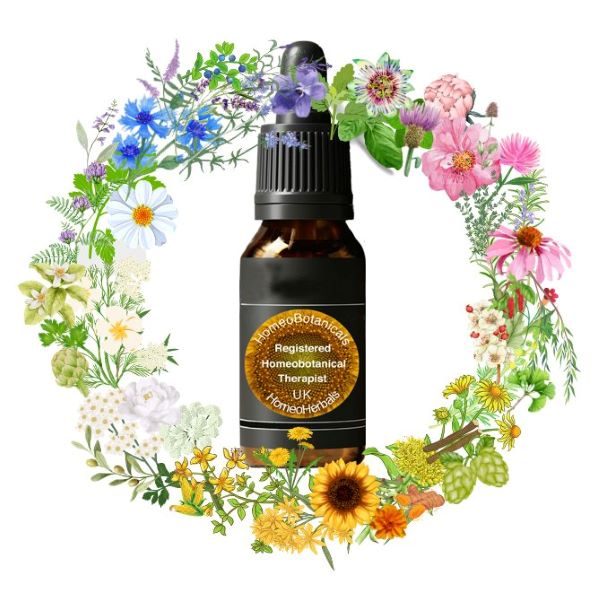 a ring of assorted flowers around a bottle of homeobotanicals