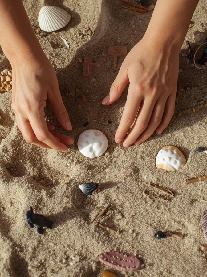 The image shows someone using sand and miniatures to express their feelings